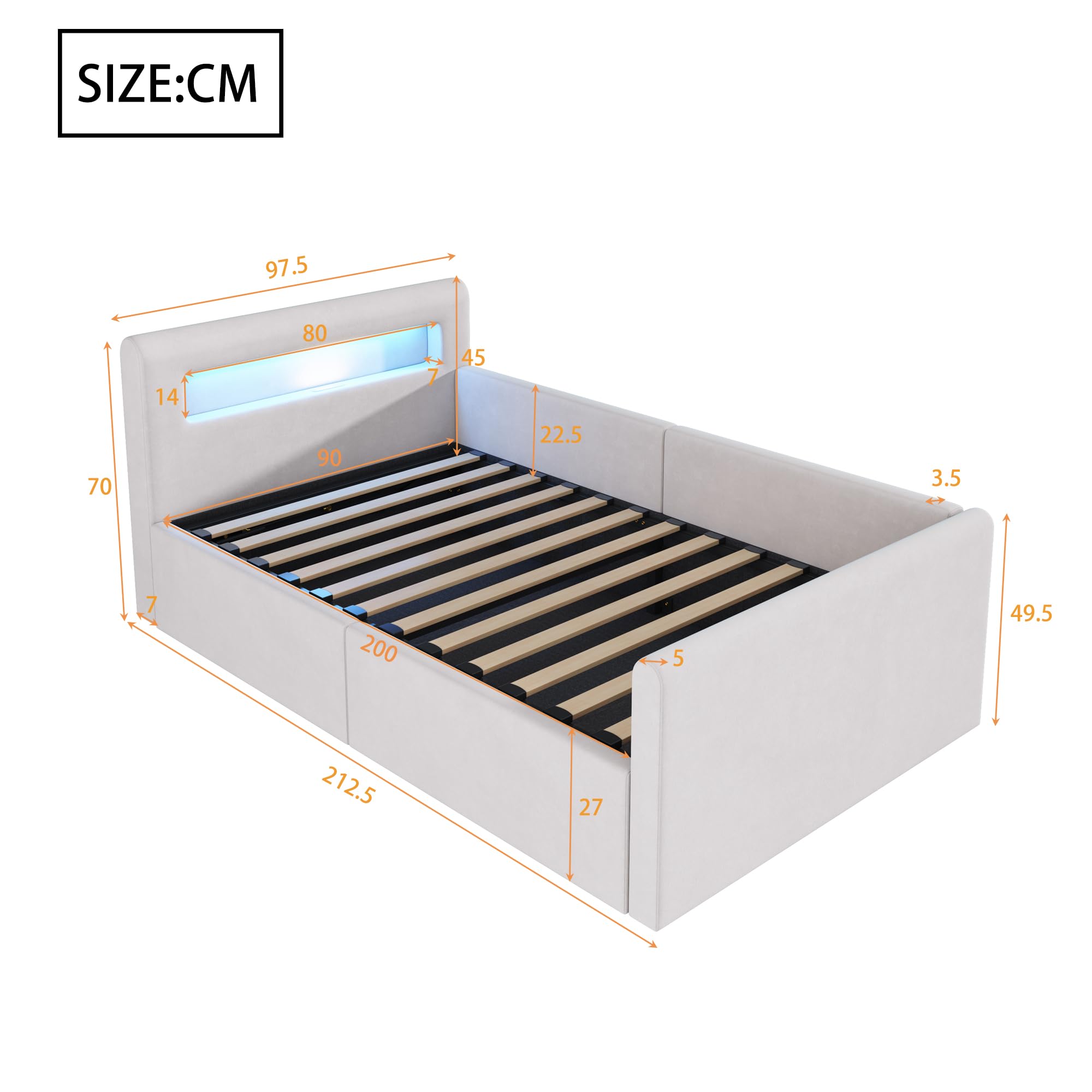 Lubvtti Letto singolo imbottito 90×200cm, Letto contenitore con luce LED e porta USB, Con vano portaoggetti, Letto per bambini con vano contenitore idraulico, Velluto, Beige (materasso non incluso)