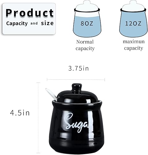 Miniatura 5 de HAOTOP Azucarero de porcelana de granja con tapa y cuchara de 12 onzas, fácil de limpiar (negro)