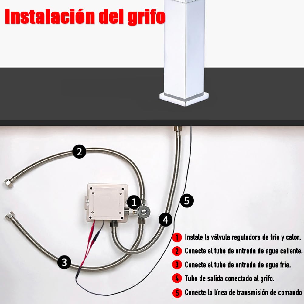 Grifo automático con sensor de infrarrojos, 31 cm de alto, sin contacto, cascada y válvula de temperatura ajustable para cocina y baño (negro)
