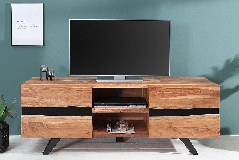 invicta INTERIOR Massives TV Board Amazonas 160cm Akazie Baumkante Metall schwarz Massivholz Fernsehschrank Wohnzimmerschrank TV-Schrank
