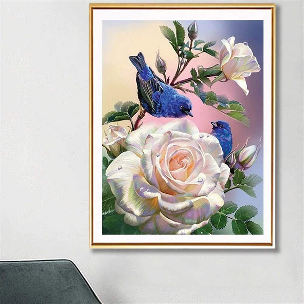 DIY 5D Diamante Pintura Bordado Kits Completo Pájaro flor blanca Diamond Painting Adultos/Niños Rhinestone Punto de Cruz Diamante Arte Artesanía Casa Decor de La Pared Round Drill,70x90cm/28x36inch