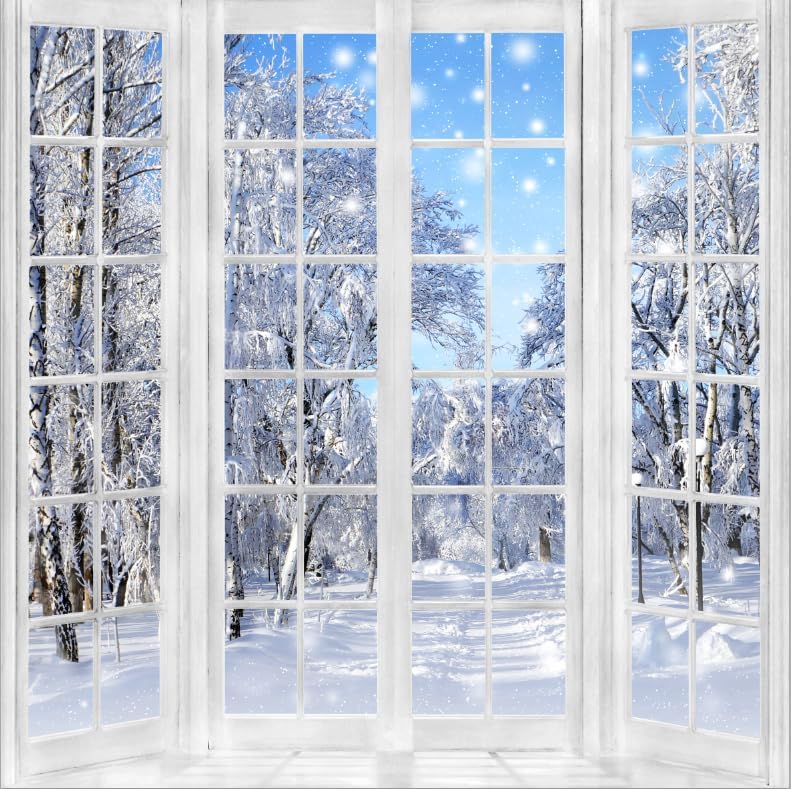 8x8ft Winter Backdrop Christmas Backdrops for Photography Window Snowy Wonderland New Year Background Family Gathering Party Banner Decorations Portrait Photo Booth Props