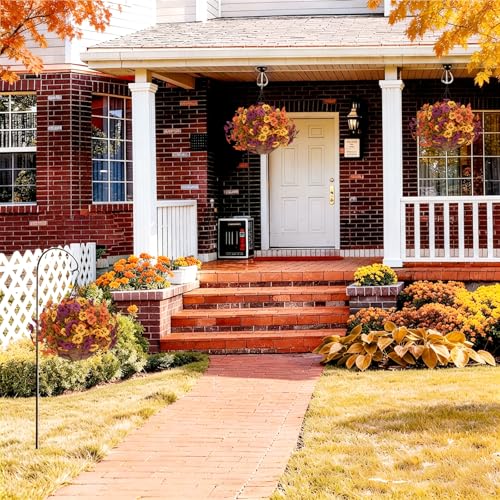 Image of 2 Set Artificial Fall Hanging Flower Baskets for Outdoor Autumn Decor, 2 Fall Hanging Baskets with 24Pcs Silk Fake Mums Plants for Front Porch Garden Patio Balcony Yard Home Decoration