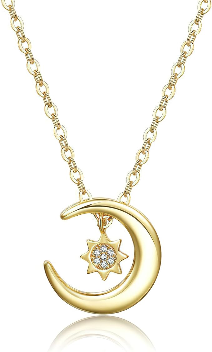 YQSENLIN Collar de Oro de la Luna y Sol para Mujeres, Zirconia Cúbica Brillante, Delicadas Chapada en Oro de 14 Quilates, Cadena Clavícula Ajustable, Minimalista, Regalo Joyería Cumpleaños y Aniversario