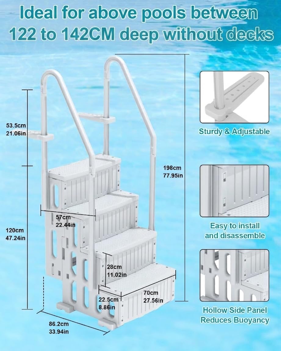 4-stufige Poolleiter mit Handläufen, Pooltreppe 122-142cm für Aufstell und Einbaupools mit utschfesten und robusten Stufen, 180 kg Tragkraft Höhenverstellbar für Schwimmbad, Freibad, Wasserpark