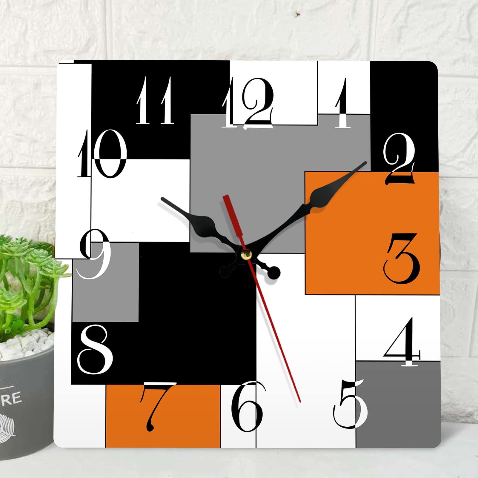 ArtSocket Wooden Wall Clock Silent Non-Ticking, Orange Black Grey Abstract Geometric Minimalist Checkered Square Rustic Wall Clocks Decor for Home Kitchen Living Room Office(12 Inch)