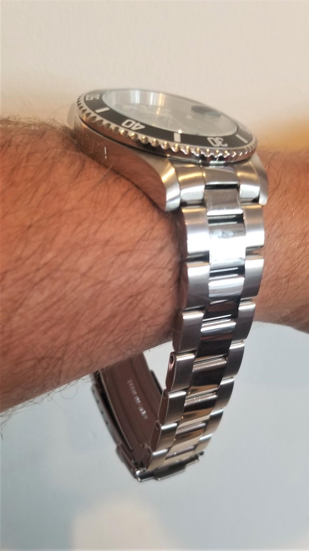 Close-up of watch band with pins for adjustment