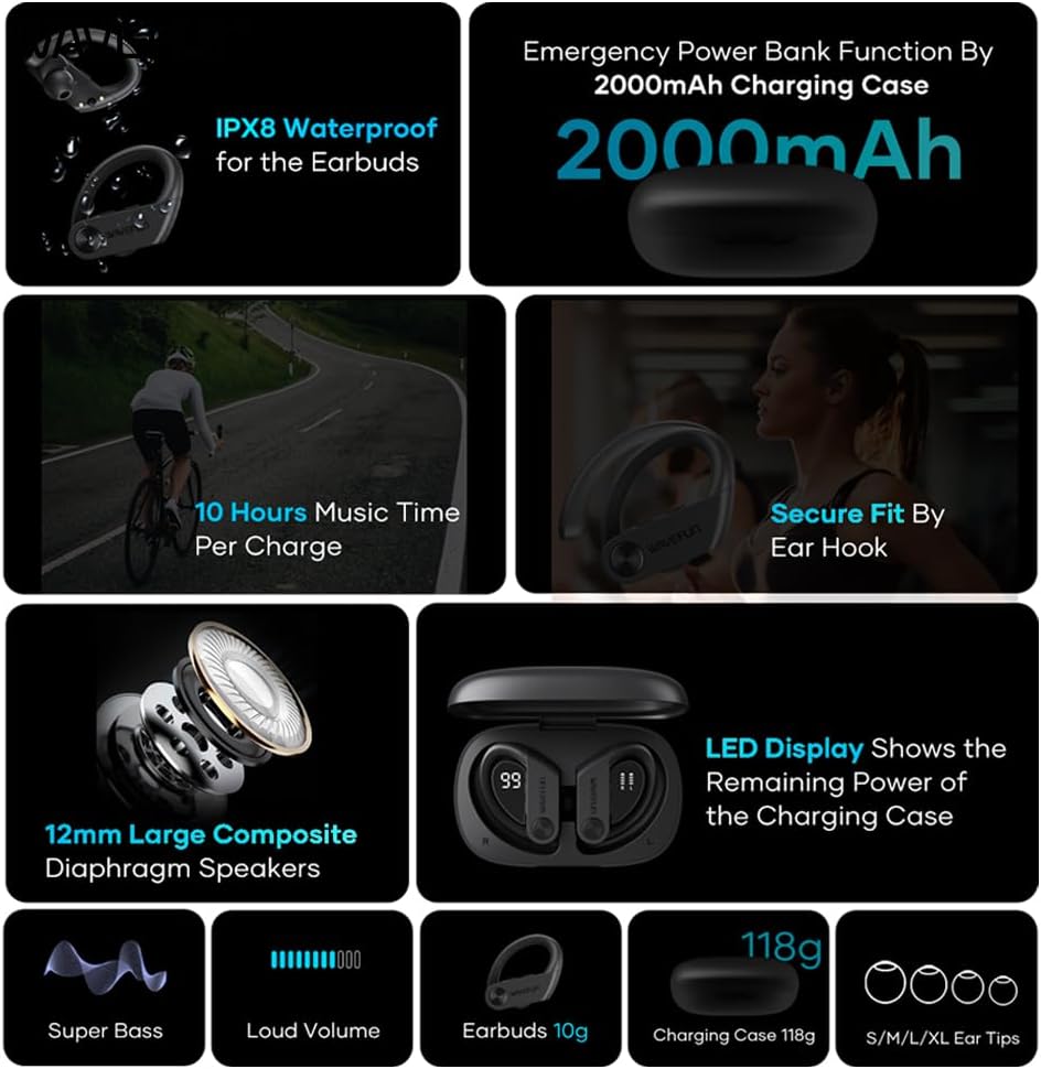 Wireless Headphones with Ear Hook, XBuds 5 Wireless Earbuds Over Ear with 2000mAh Charging Case Sports Workout Headsets Volume Button Super Bass Waterproof Earbuds 10h Music with Mic