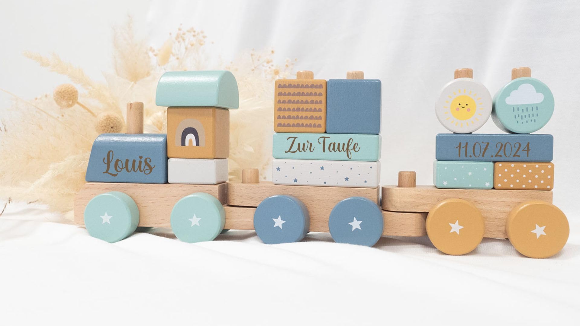 Holz Eisenbahn REGENBOGEN I Taufgeschenk Junge I Holz Zug mit Name personalisierbar Holzzug personalisiert I Babygeschenk Jungen