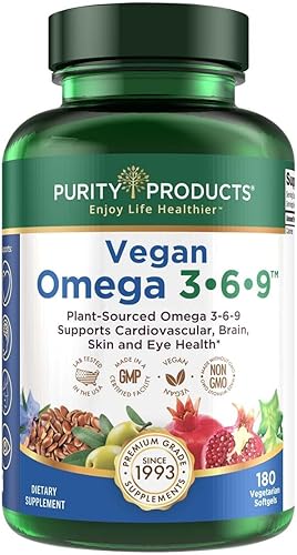 Purity Products Omega 3-6-9 Fórmula vegana Omega  Complejo de ácidos grasos esenciales "5 en 1"  Científicamente formulado a base de plantas Omega 3