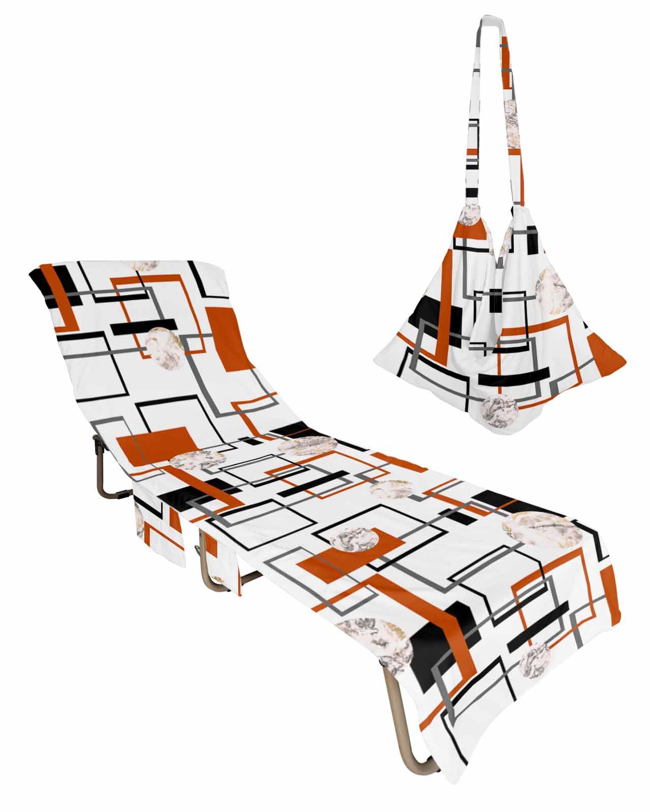 Orange Geometric Beach Lounge Chair Towel Cover, Soft Chaise Lounge Towel with Side Pockets Patio Pool Chairs Cover for Beach/Pool Sunbathing 29x85 Black Grey Modern Abstract Art Marble