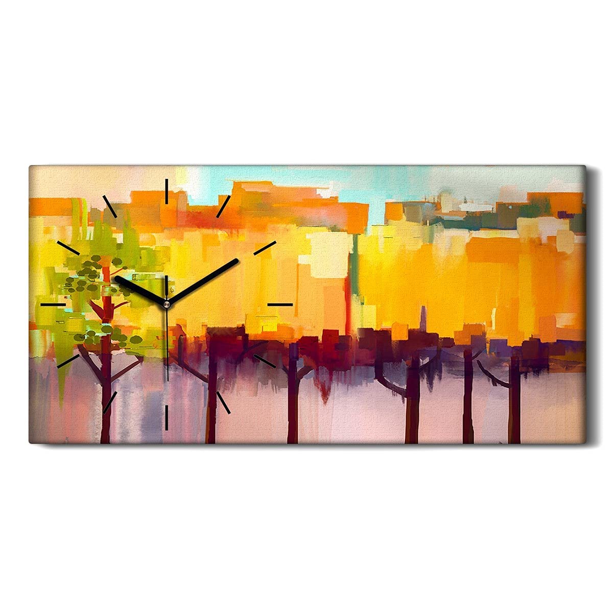 Horloge sur toile 60x30cm paysage coloré abstrait avec aiguilles noires