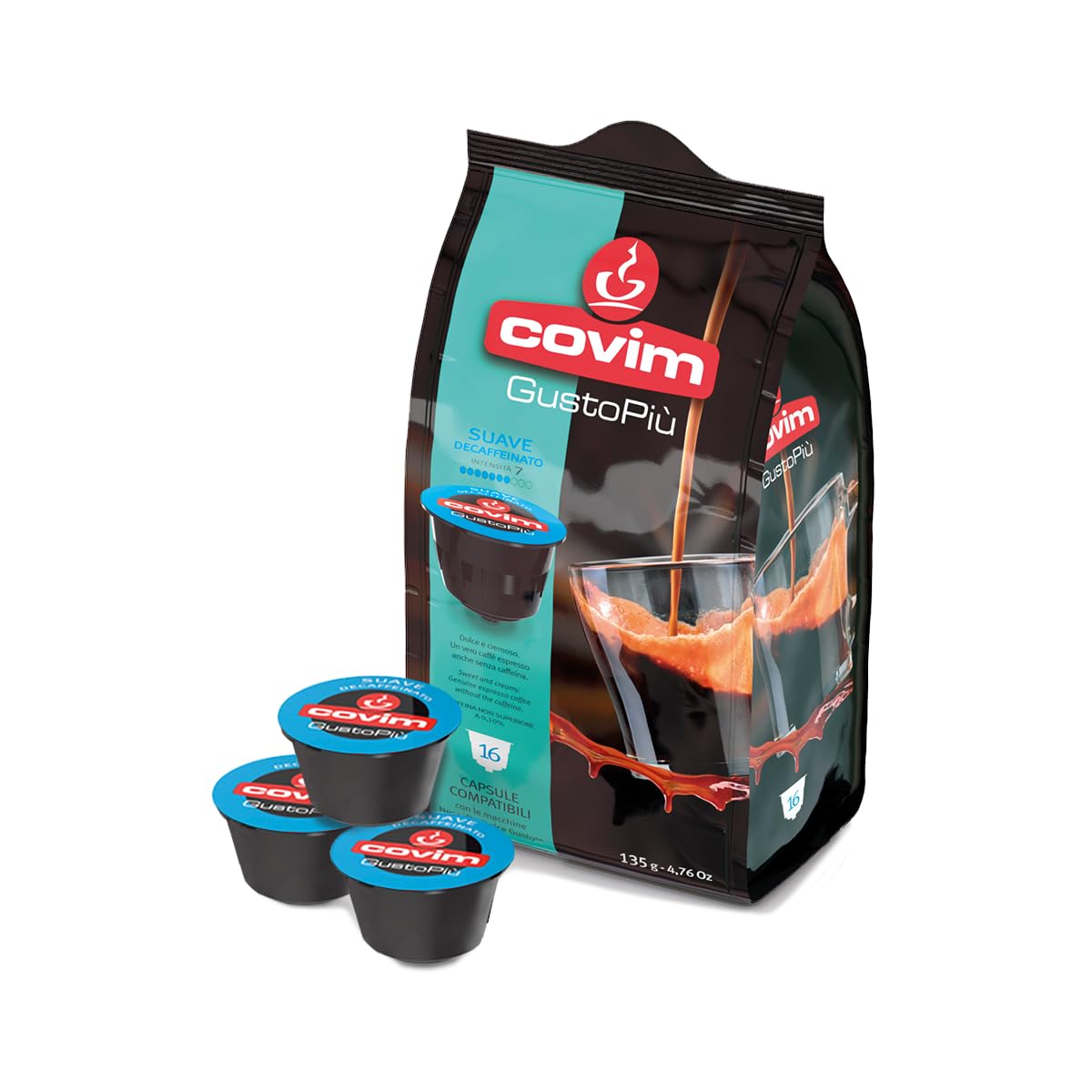 Covim Caffè - Capsule di Caffè Decaffeinato, 96 Capsule Monodose (6x16 pz), Intensità 6, Compatibili con Nescafè Dolce Gusto, Espresso Dolce e Cremoso con Aromi di Cereali e Malto