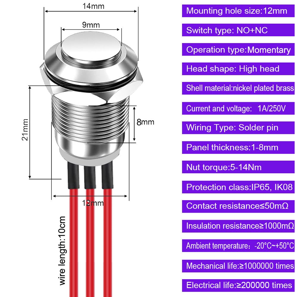 Blanko Drucktaster | Nicht rastend | 250 V - 1A | 12 mm Blanko Drucktaster | Nicht rastend | 250 V - 1A | 12 mm