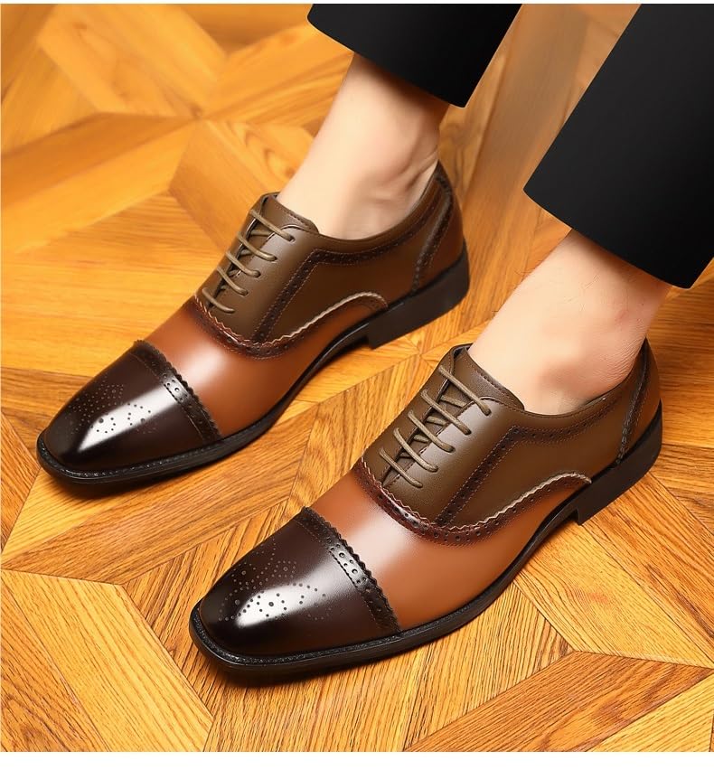 HOOENG Dress Oxford Shoes for Men Lace Up Square Toe Brogue Cap Toe PU Leather Oxford Shoes Slip Resistant Anti-Slip Low Top Prom(Color:Brown and Yellow,Size:7)3