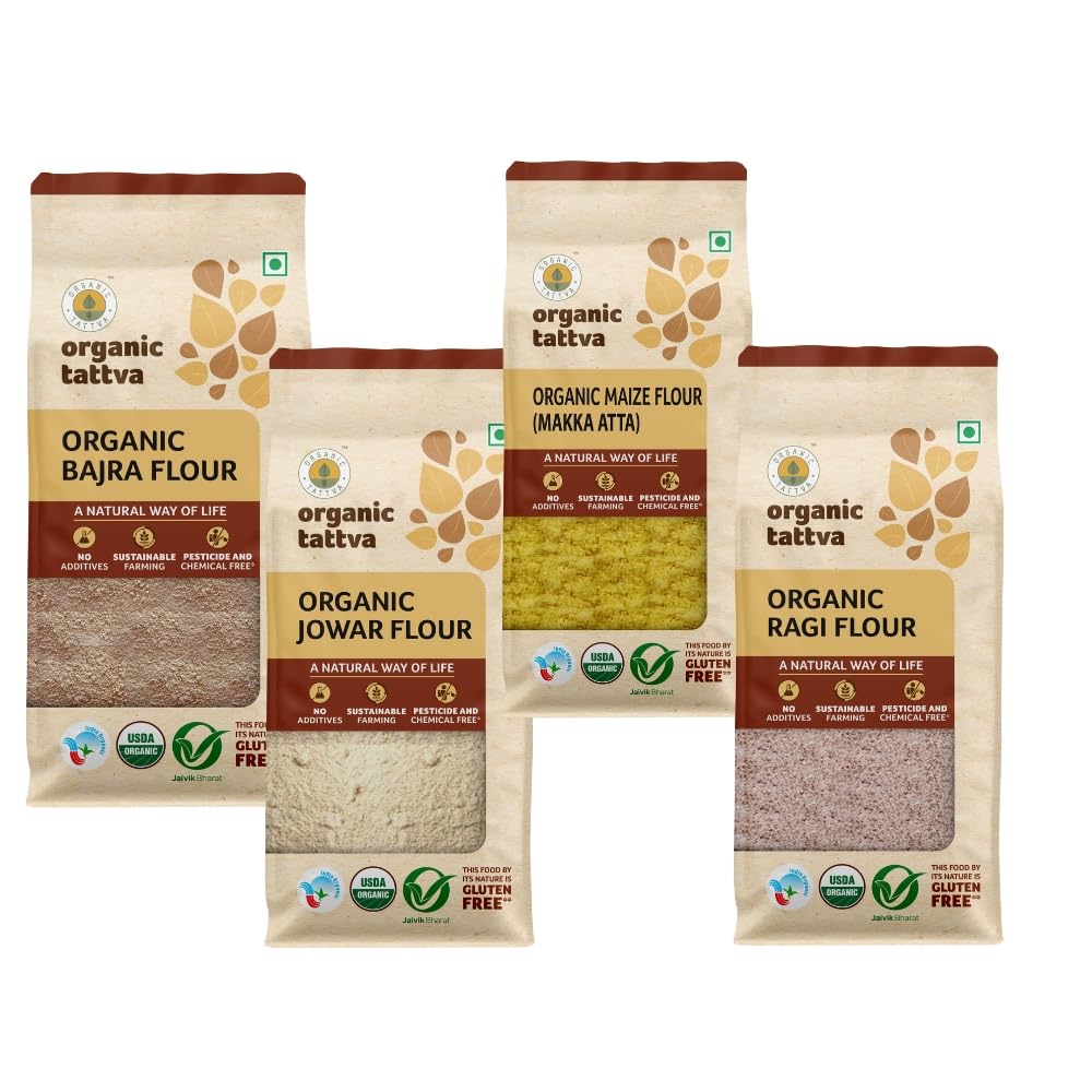 ORGANIC TATTVA Organic Bajra Flour, Ragi Flour, Jowar Flour, Maize Flour|Pearl Millet|Finger Millet|Sourghum Millet|No Additives|No Presevatives|Source Of Fibre 2 Kg (500 Gram Each) Pack Of 4 (B0CBW41VZQ) Amazon Price History, Amazon Price Tracker