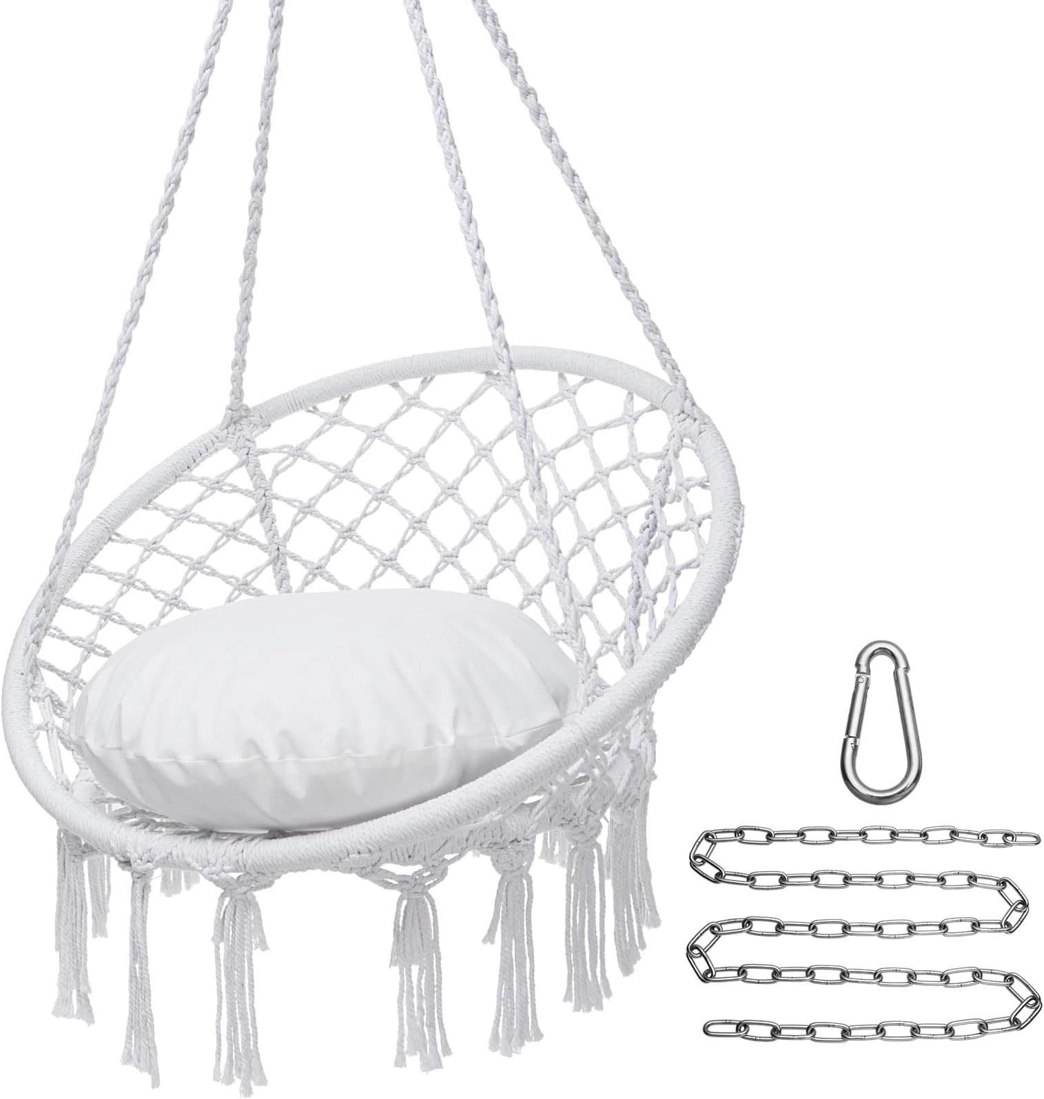 Y- STOP Hammock Chair Macrame Swing, Max 330 Lbs, Hanging Cotton Rope Hammock Swing Chair for Indoor and Outdoor Use (White)