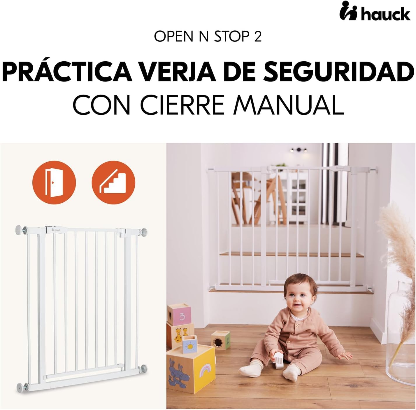 hauck Open N Stop 2, White - Stair and Door Safety Gate 75-80 cm - Child Safe Barrier No Drilling - Manual 1 Hand Opening - Indoor Only