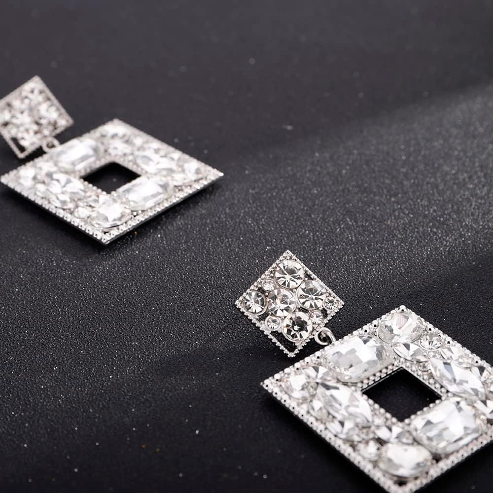 Denifery Rhinestone Geometric Bling Earrings Boho Crystal Earrings Bridal Wedding Earrings Rhinestone Statement Earrings for Women (White) - Image 6