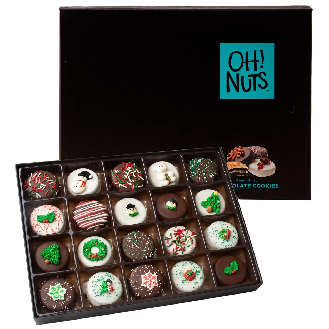 Oh! Nuts Christmas Cookie Gift Basket - Gourmet Holiday Chocolate Covered Christmas Cookies Gift Box - Decorated Cookies for Parties, Holiday Celebrations & Gifting - 20 PCs
