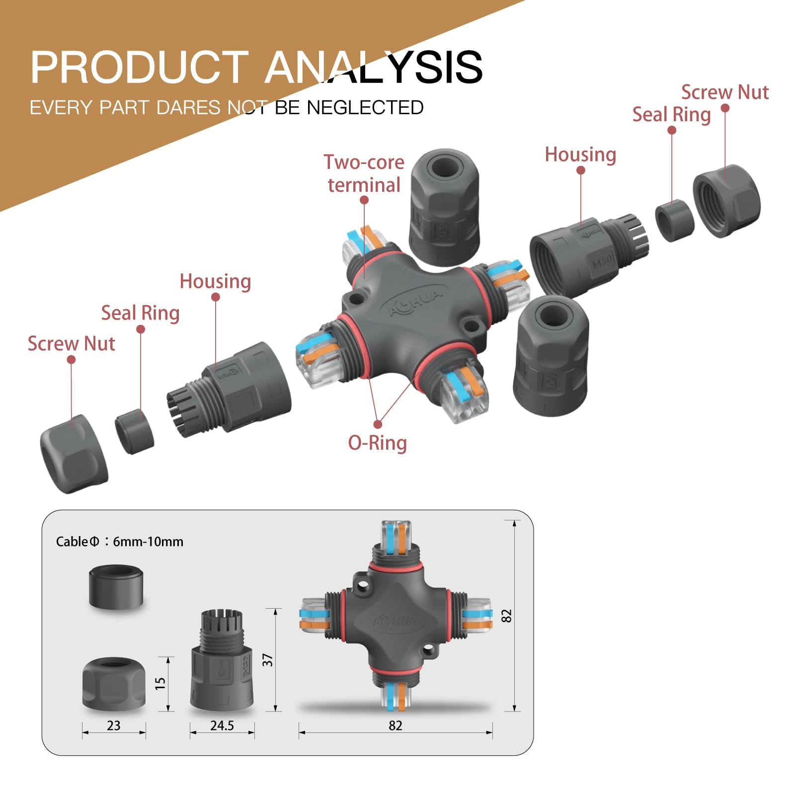AOHUA IP68 Kabelverbinder 4 Stück - Wasserdichte Abzweigdose M20 2-Polig