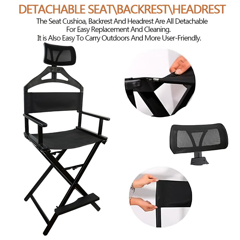 Sedia pieghevole da trucco con poggiatesta, sgabello professionale in alluminio, capacità 150 kg, perfetta per studi, set cinematografici, giardini e campeggio.
