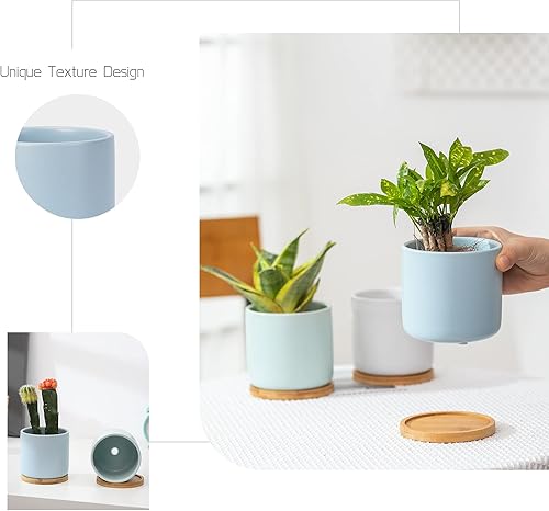 Miniatura 5 de OMAYKEY Macetas para suculentas, maceta de cerámica de 4 pulgadas con bandeja, orificio de drenaje y almohadilla de malla para flores de interior,