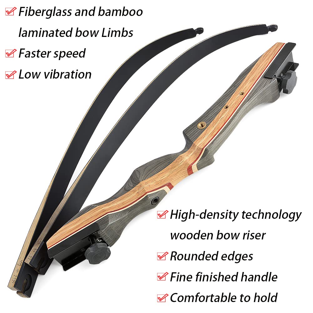 AMEYXGS 62" Tiro con l'arco Arco Ricurvo Arco da Caccia 30-50 libbre Arco Lungo in Legno Laminato Riser Tiro all'aperto Pratica per Adulti e Giovani Mano Destra (30lbs)