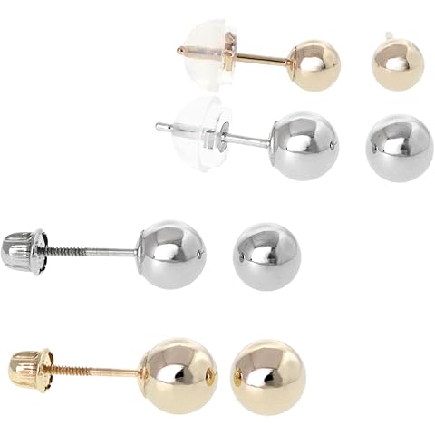 ANYGOLDS 14k Real Solid Gold Sphere Ball Round Stud Earrings – Ear Post Stud for Multiple Piercing - Push Back & Screw Back Closure - Perfect for Minimalist Design - Sold as a Pair (3mm-6mm)