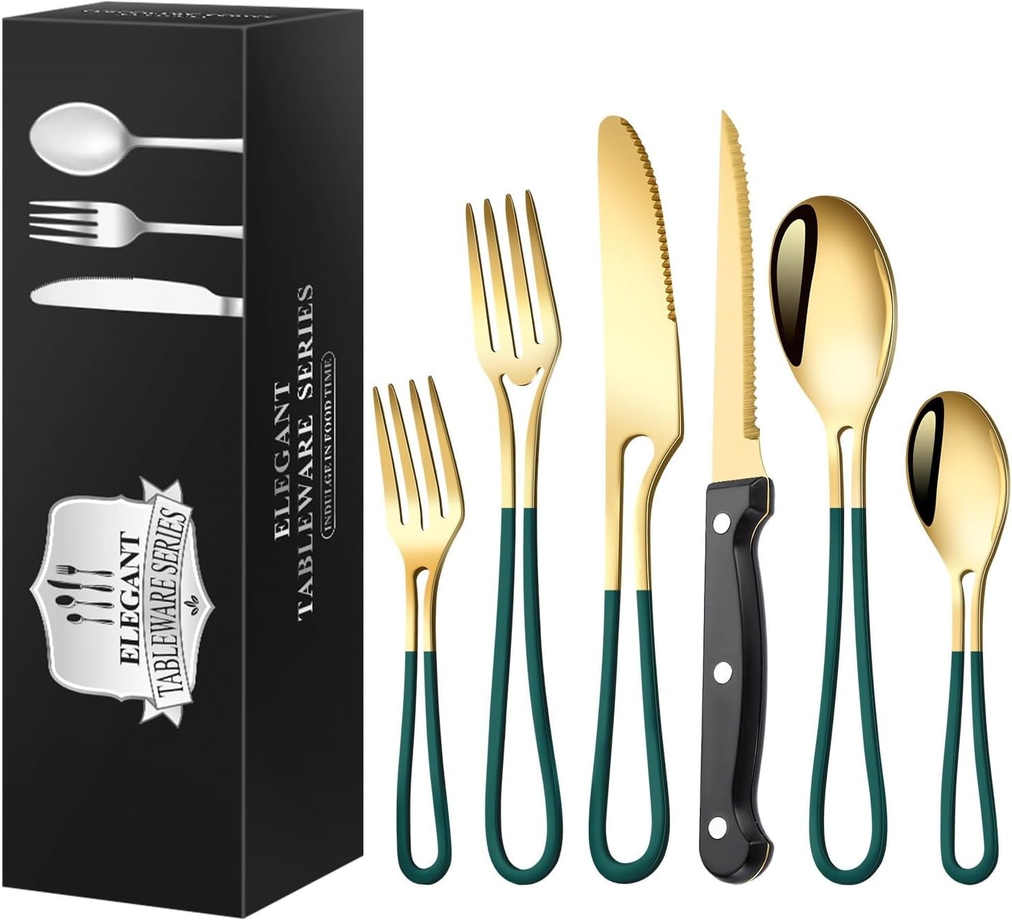 Silverware Flatware Set, 24-piece Stainless Steel Hollow Cutlery Set For 4 People, Steak Knife, Fork And Spoon, 6 Main Pieces(Pink Gold)
