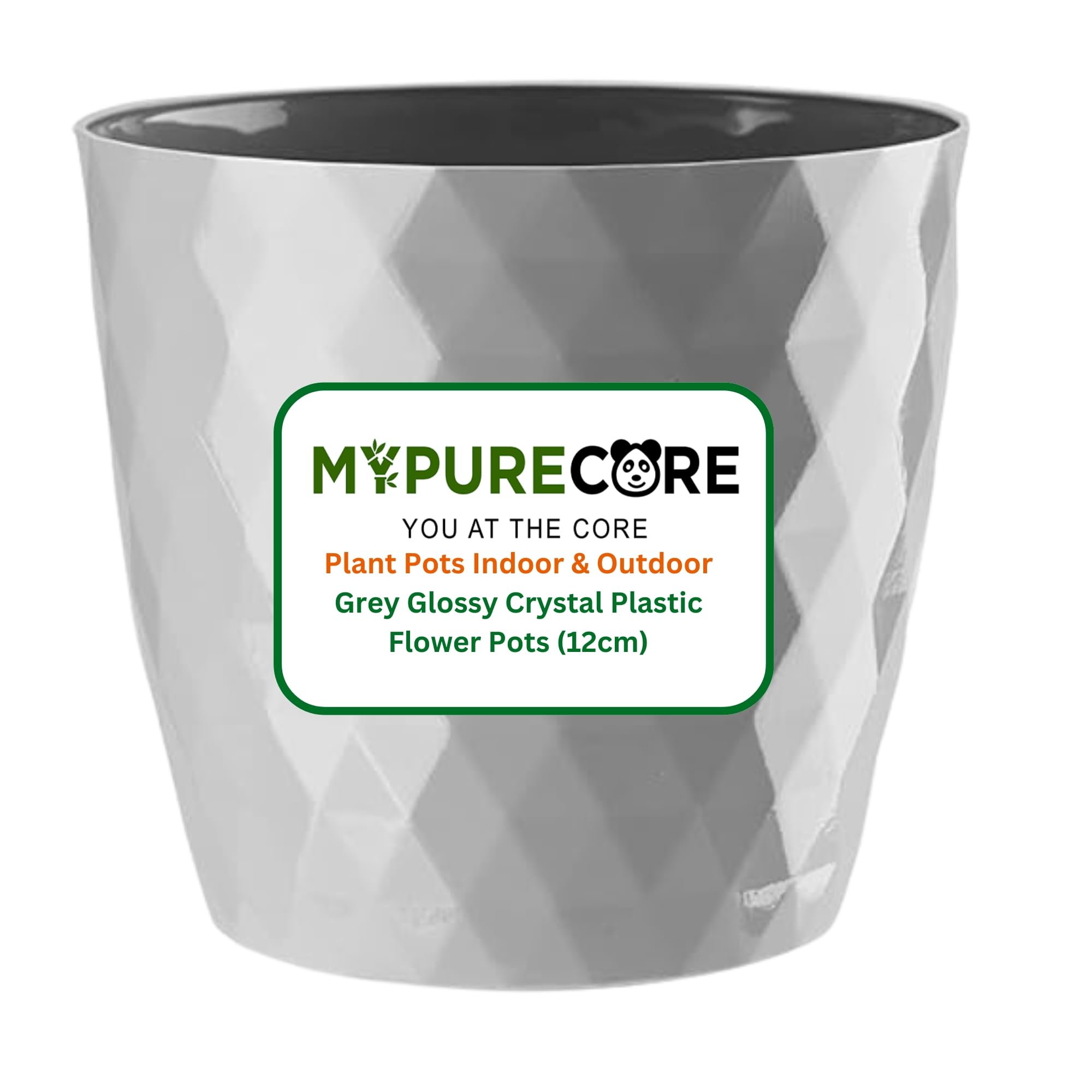 MYPURECORE Plant Pots Indoor 12 cm – Stylish Decorative Plastic Flower Pot with Glossy Crystal Surface – Durable Indoor & Outdoor Planter for House Plants, Herbs (Grey, 12 cm)