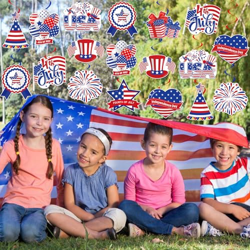 Image of 40Pcs 4th of July Decorations Hanging Swirls, Double Sided Independence Day Ceiling Hanging Decor Patriotic Streamers Foil Swirl for 4th of July Independence Day Patriotic Party Decorations