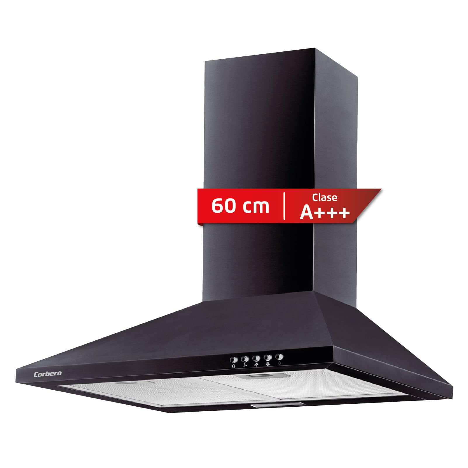 Corberó - Campana Extractora Pirámide 60 cm | TEIDE636N |375.4 m3/h | 57db | 36.5 W | 3 Velocidades | Control por Pulsador |2 Filtros de Aluminio + Filtro de Carbon | Negro — view 2