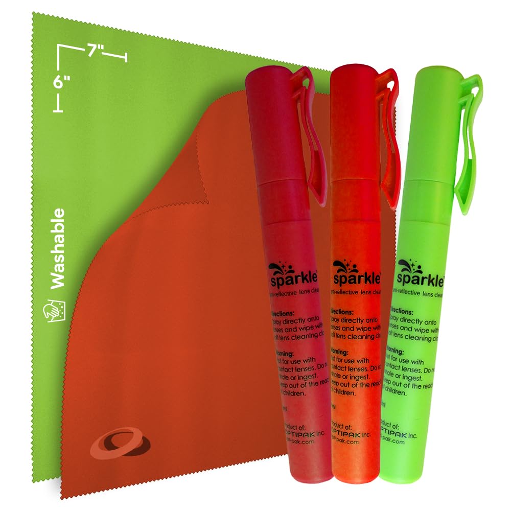 Sparkle Anti-Reflective Safe Pen Lens Cleaner Spray kit - (3) 0.3oz Glasses Cleaner Pen Spray & (2) Microfiber Cloth for Eyeglasses, Sunglasses,