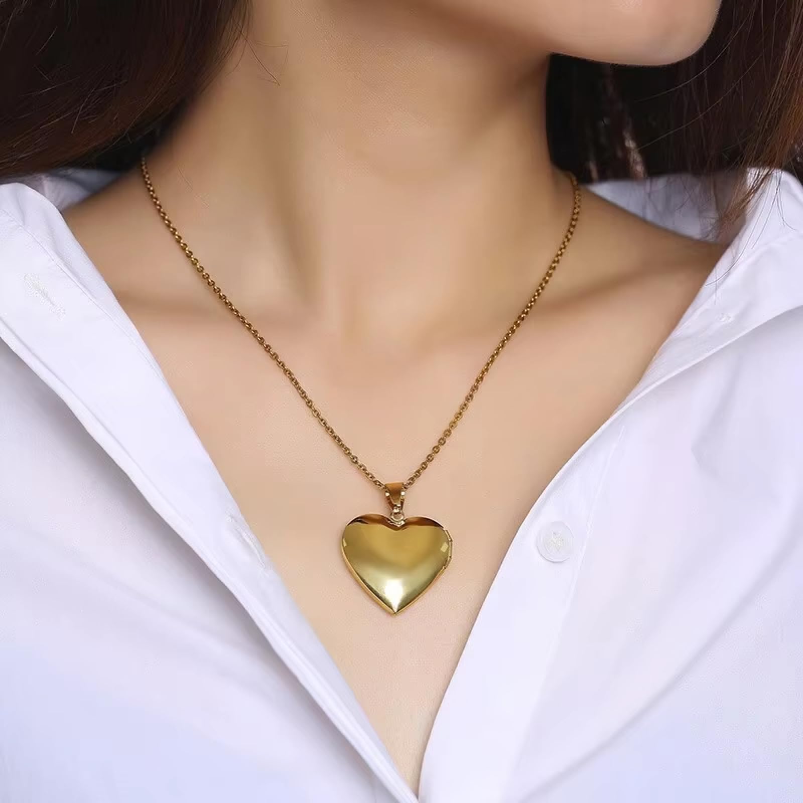 Collana con ciondolo a forma di cuore e luce per donne e uomini, apribile con cornice portafoto in acciaio inox lucido