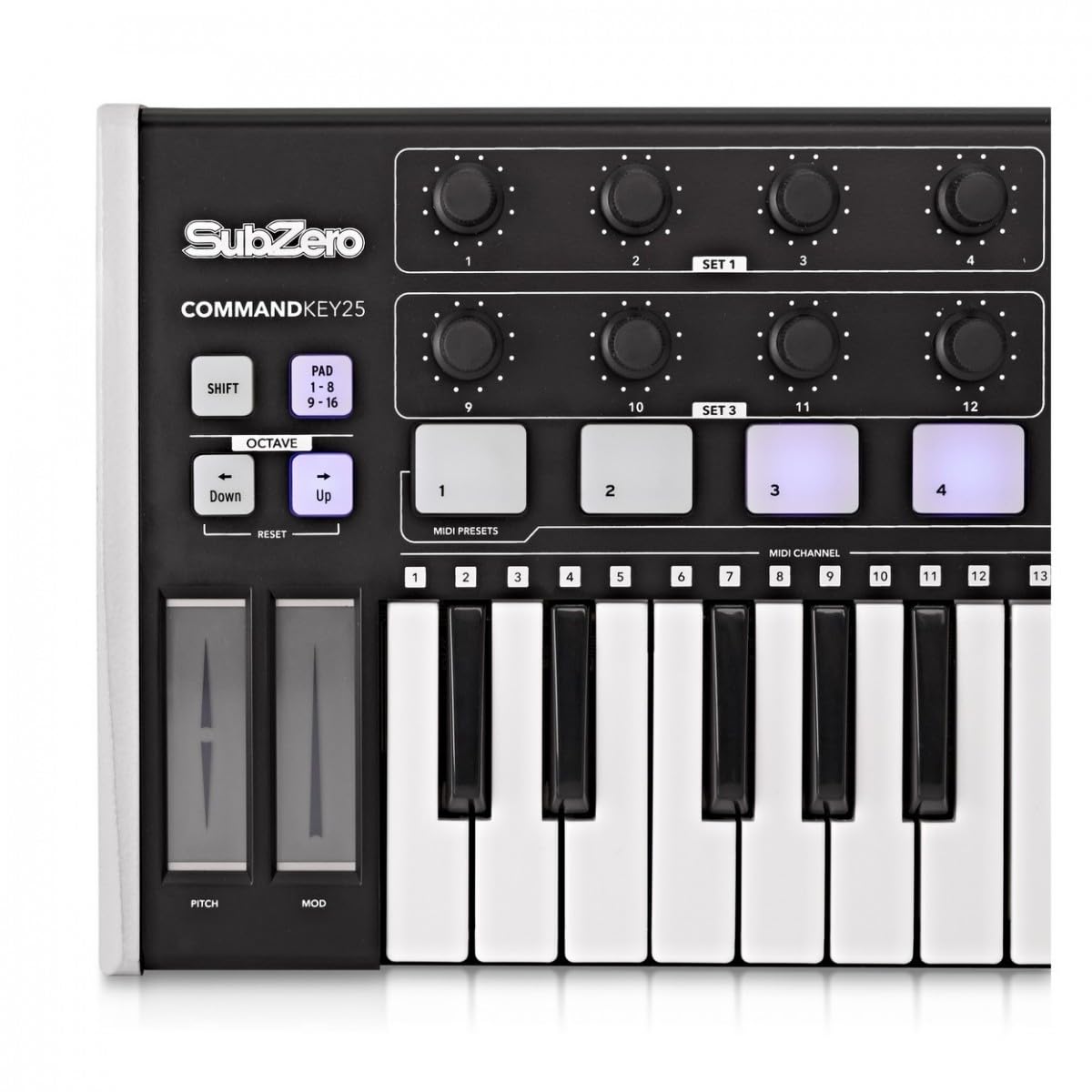 Teclado controlador MIDI de 25 teclas SubZero CommandKey25 | 25 Teclas Finas Sensibles a la Velocidad, Pads Perillas y Bandas Táctiles Asignables, Chasis Compacto 37cm