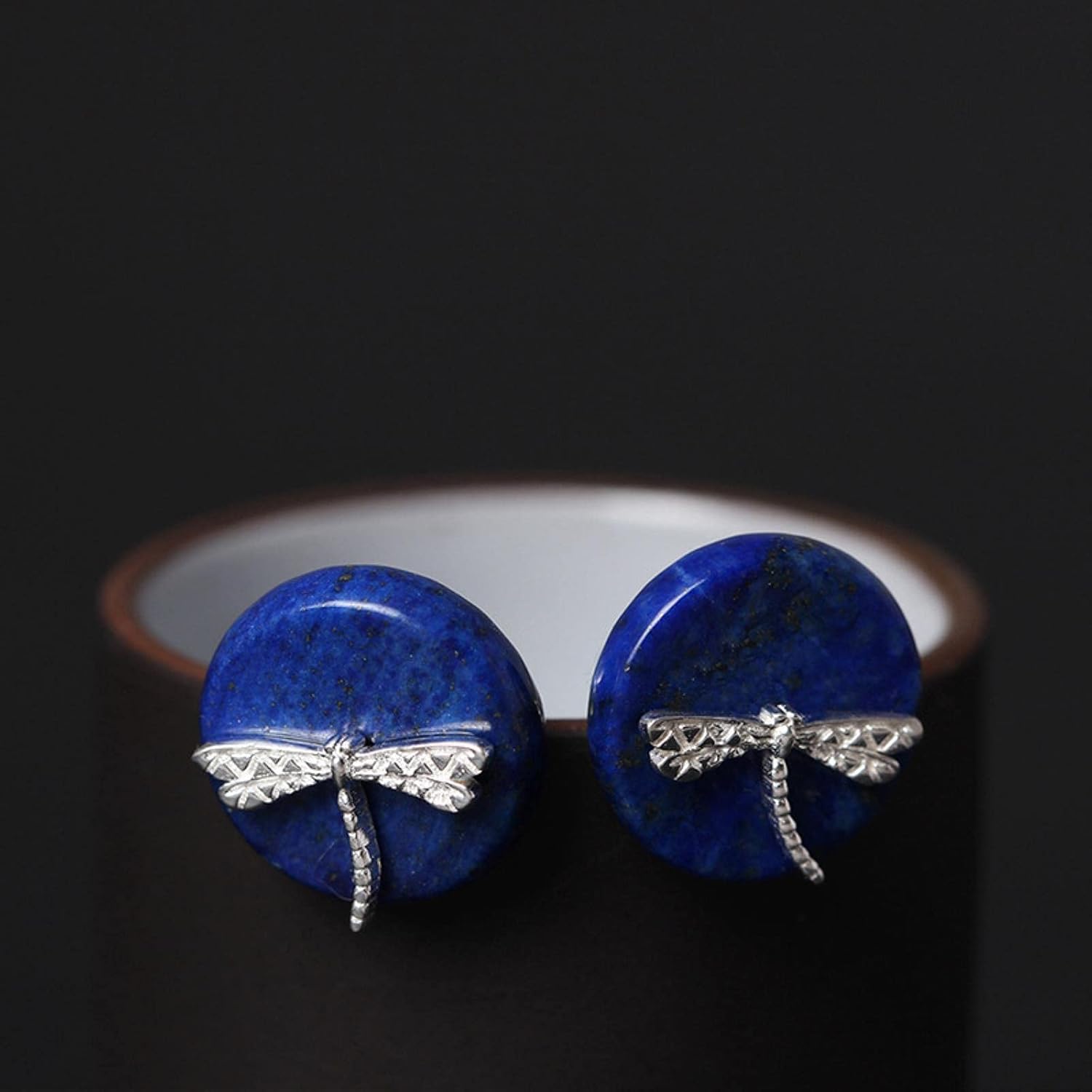 LOKILOKI 925 Sterling Silver Round Lapis Lazuli Dragonfly Stud Earrings for Women Ethnic Style Lady Sterling-Silver-Jewelry