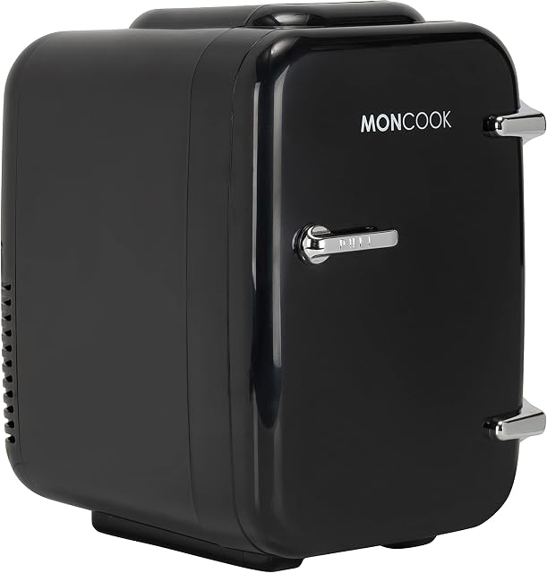 MONCOOK Mini Fridge For Bedrooms - Portable & Quiet Mini Fridges For Skin Care, Beverages - Birthday Gift For Her and Him - Thermoelectric Cooler and Warmer Retro Small Fridge - 4L - Full Black