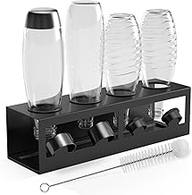 HOMMAND Flaschenhalter für SodaStream Crystal und Emil Flaschen, Edelstahl Flaschenhalter Abtropfgestell Abtropfständer für 4 Flaschen, mit Silikonschutzringe Abtropfschale und Deckelhalter Schwarz