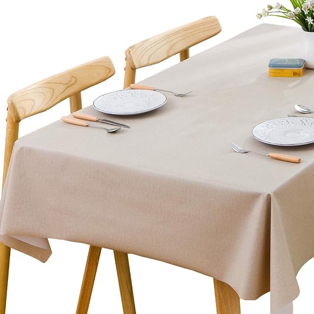 Plenmor Table Cloth Wipeable Tablecloth PVC Plastic Wipe Clean Waterproof Rectangular Table Cover Protector for Kitchen Picnic Outdoor Indoor (Beige, 137x137 cm)