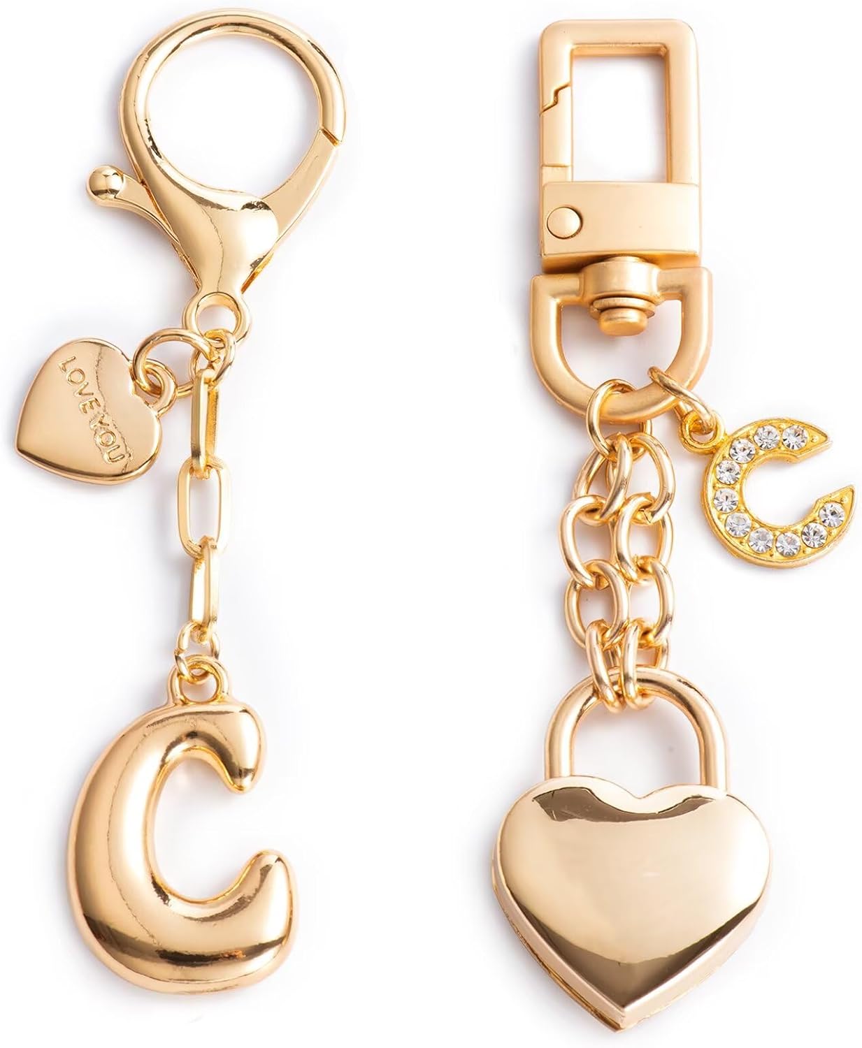 Initial Letter Keychain with Bubble Heart Charm, Gold Accessories for Handbags, Women's Purse Bag charms