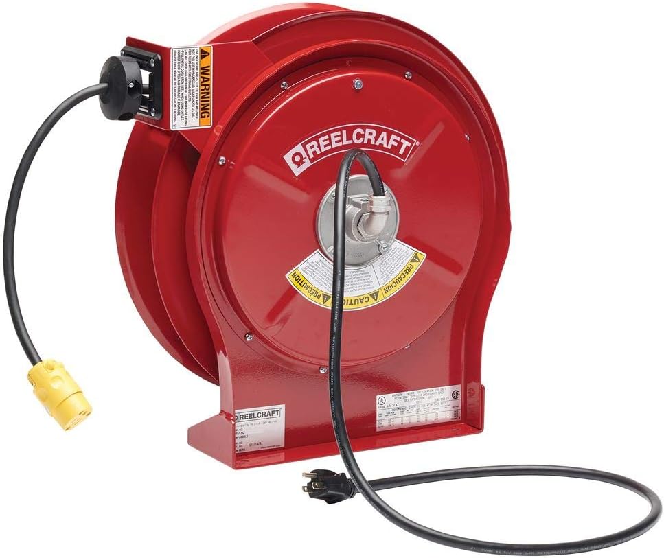 Reelcraft L 5550 123 3 Heavy Duty Power Cord Reel, 12 AWG/3 Conductors x 50', 15 AMP, Single Outlet, Cord Included