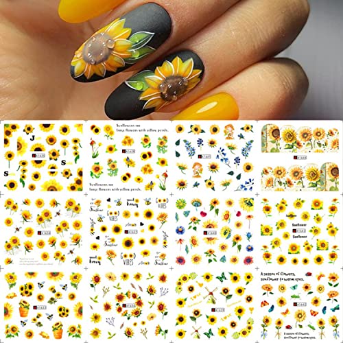 Sunflowers Nail Art Stickers, Holographic Flowers Nail Water Transfer Decals Design, Yellow Blossom Butterfly Bee Nail Sticker Acrylic Supplies For Women Manicure Bloom Decorations, Resin Nail Decal #TOP5