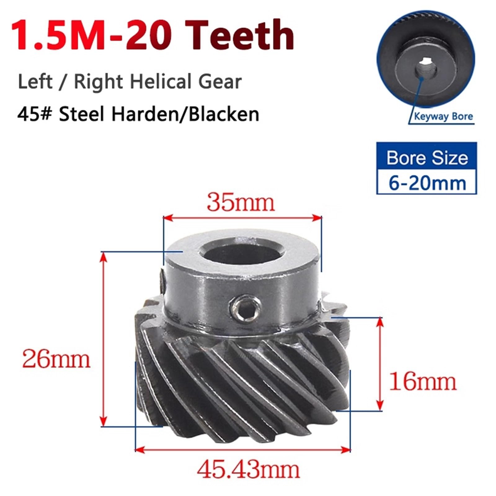 Engrenage conique en acier hélicoïdal 45 degrés 20 dents 1,5 m rotation gauche et droite pour l'ingénierie de précision (17mm-keyway 5x2.3mm gauche)