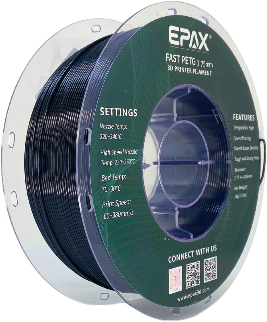 EPAX 1.75mm Black Fast PETG 3D Printer Filament, High Speed PETG 3D Printing Filament, Dimensional Accuracy +/- 0.03 mm, 1KG Spool