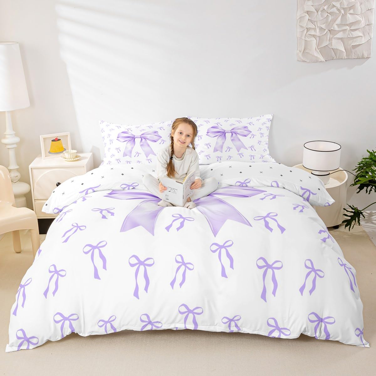 Homewish Kids Purple Bow Bed Set for Girls Kawaii Simple Princess Duvet Cover Double Purple and White Bowknot Bedding Set Romantic Coquette Butterfly Knot Bow Tie Quilt Cover