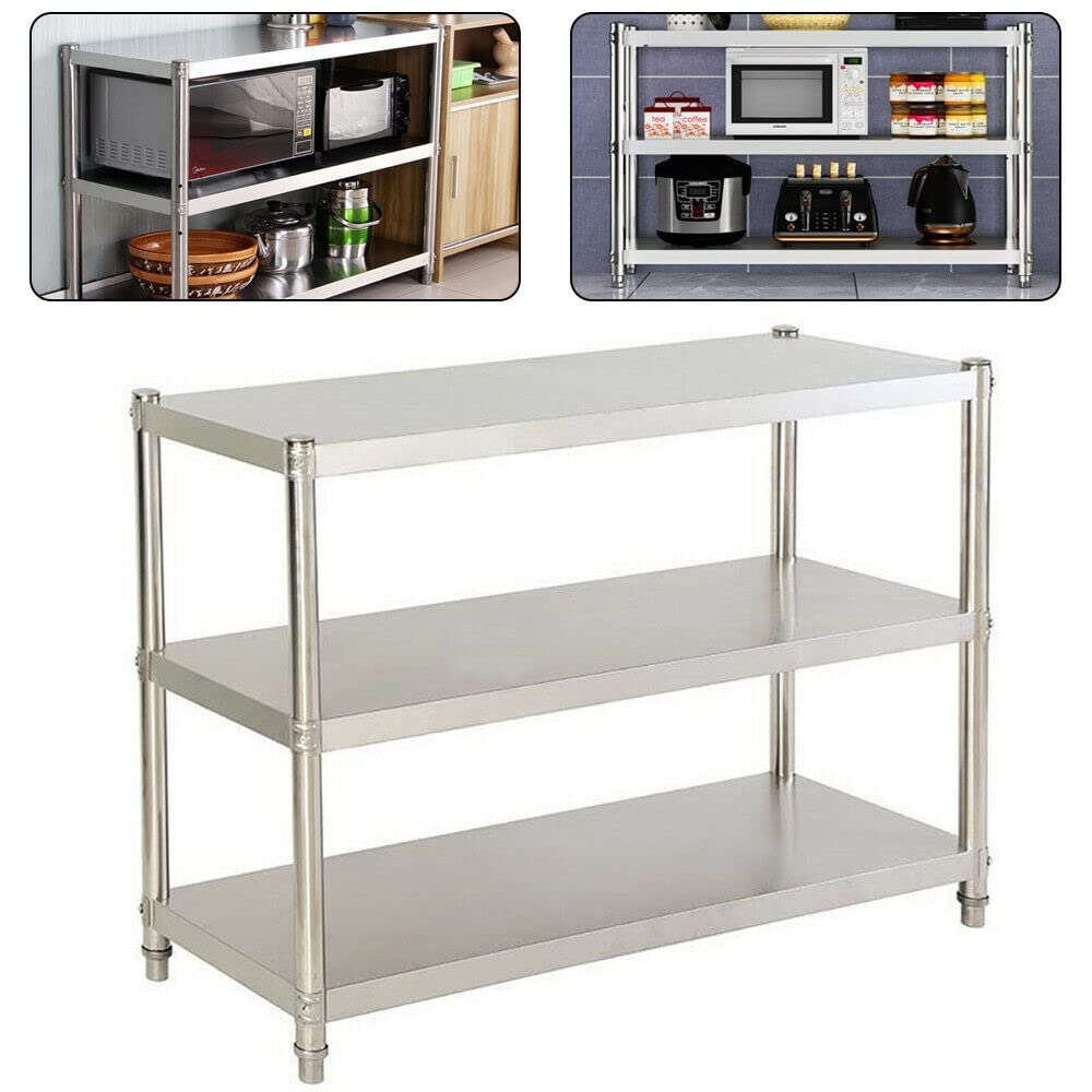 Estantería de acero inoxidable de 3 pisos, soporte para microondas, soporta cargas pesadas, hasta 50 kg, estantería de metal, estantería de almacenamiento, cocina, 80 x 80 x 40 cm