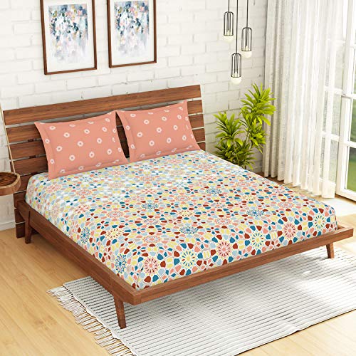 Image of Spaces Atrium 144 TC 100% Cotton King Size Double Bedsheet with 2 Pillow Covers ( 108 inch X 108 inch Inches) - Apricot, orange, large (ATR-2)