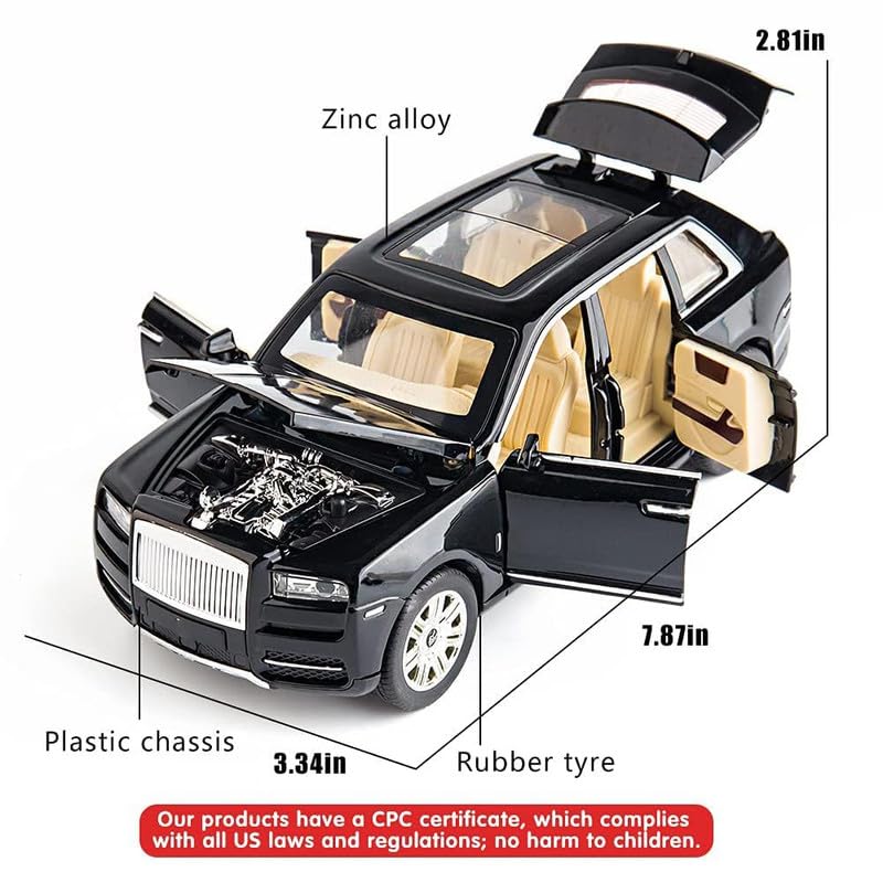 Image of Kids Model 1:24 RR Cullinan Die Cast Metal Car Pull Back Action Opening Doors with Realistic Engine Sound Lights Toy Car Gift for Boys - Black