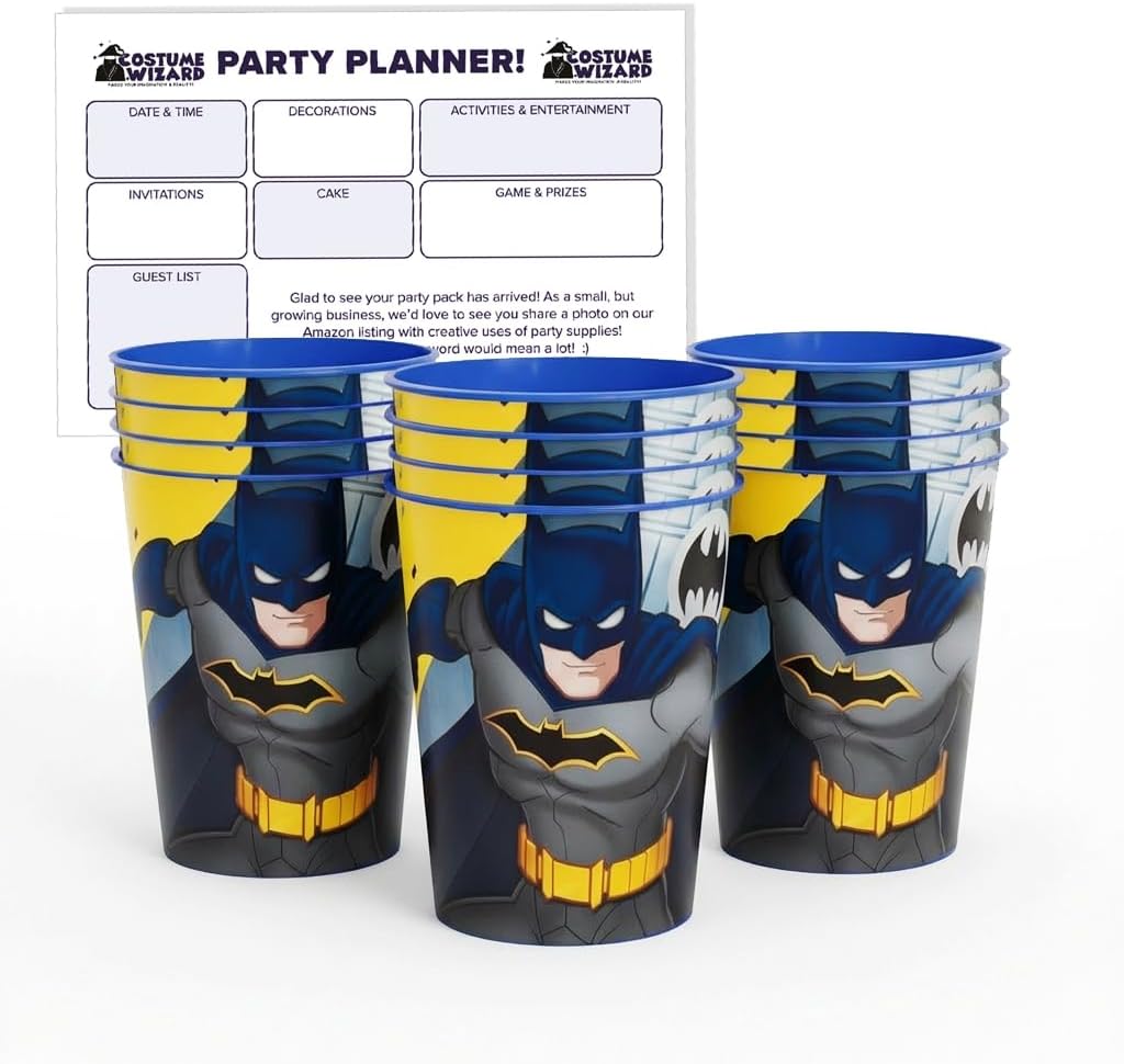 Unique Batman 12 Pack 16 oz Plastic Reusable Favor Cups – Birthday Party Supplies, Goodie Bag Favors, Kids’ Drinkware & Take-Home Gifts